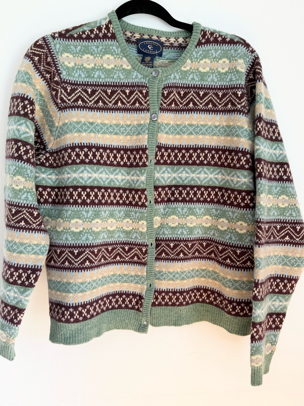 vintage Chelsea Cambell Fair Isle patterned cardigan size large lambswool